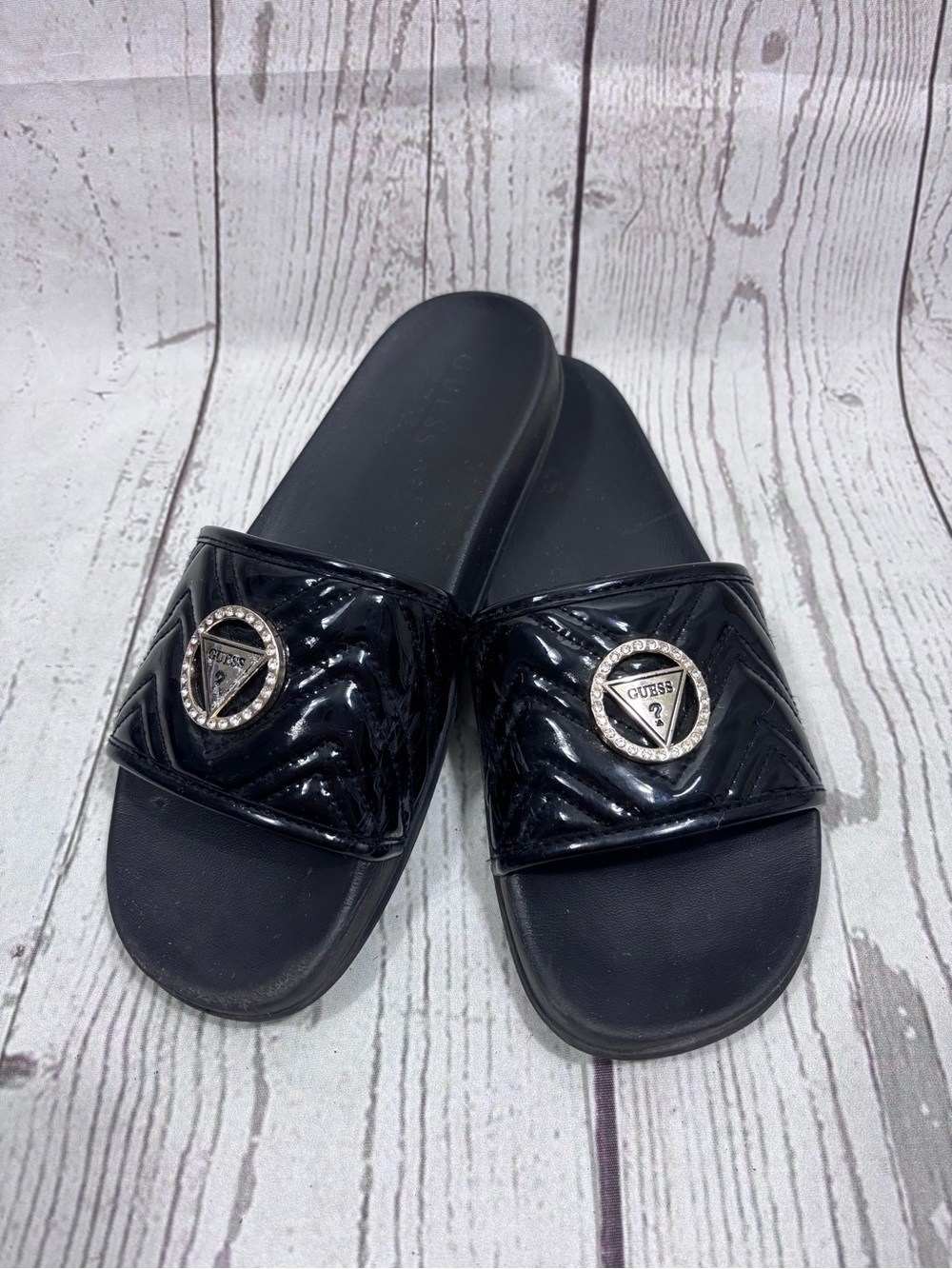 Guess Women’s Slides Quilted Patent Faux Leather Rhinestone Encrusted Logo